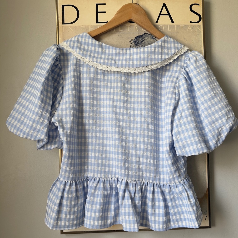 Coquette Blue White Gingham Peter Pan Collar Peplum Puff Sleeve Blouse Large - Picture 4 of 12
